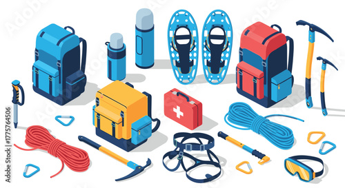 Isometric camping gear and equipment set for outdoor adventures