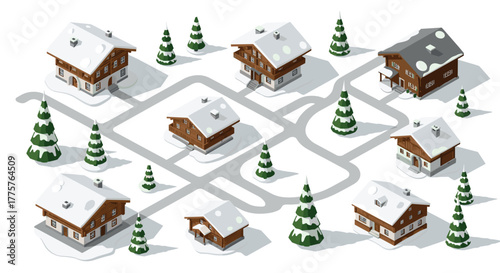 Snowcovered winter village in isometric style with cozy wooden cabins and snowy landscape