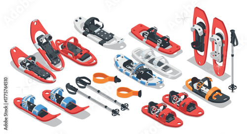 Winter equipment collection with isometric snowshoes and trekking poles