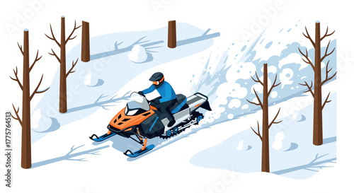 Snowmobile adventure in a winter forest with isometric design