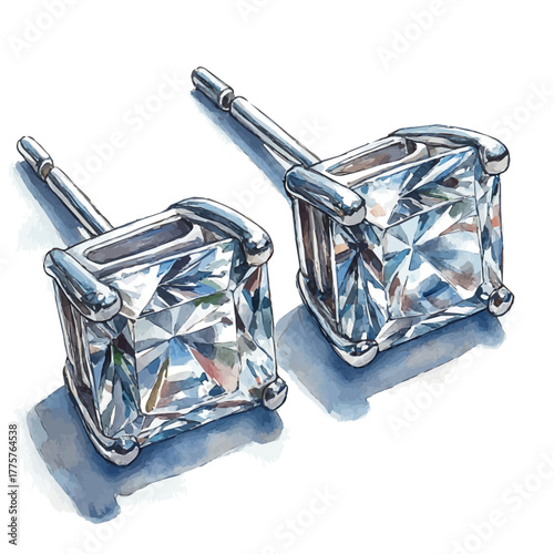 Silver Stud Earrings, watercolor illustration vector, isolated on a white background.