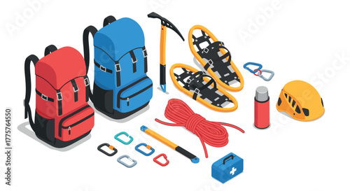 Isometric camping gear backpacks, ice axe, snowshoes, helmet, rope, and clips for outdoor adventures