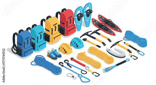 Isometric mountaineering equipment set with backpacks, snowshoes, and climbing gear