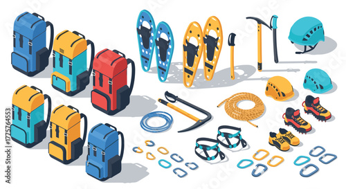 Colorful isometric mountaineering gear set with backpacks, ice axes, snowshoes, and helmets