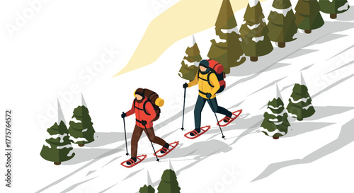 Isometric winter hike snowshoeing through forested mountain terrain