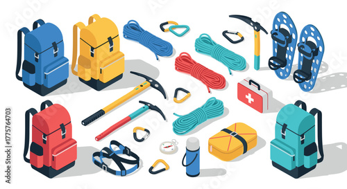 Colorful isometric hiking gear set with backpacks, climbing tools, and safety equipment