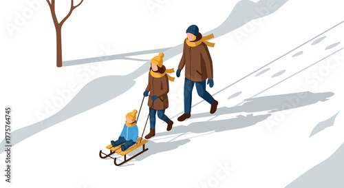 Family enjoying a winter sledding adventure in snowy landscape