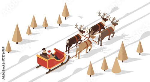 Isometric winter scene with sleigh and reindeer in snowy forest