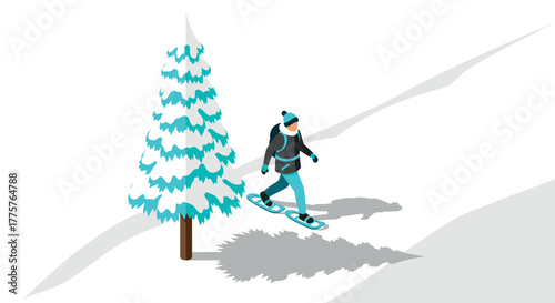 Snowshoeing adventure in winter landscape with pine tree and shadows