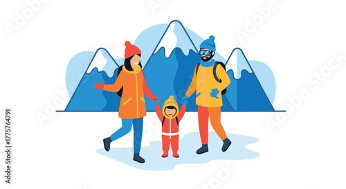 Winter family adventure in the mountains with snowy peaks and colorful winter clothing