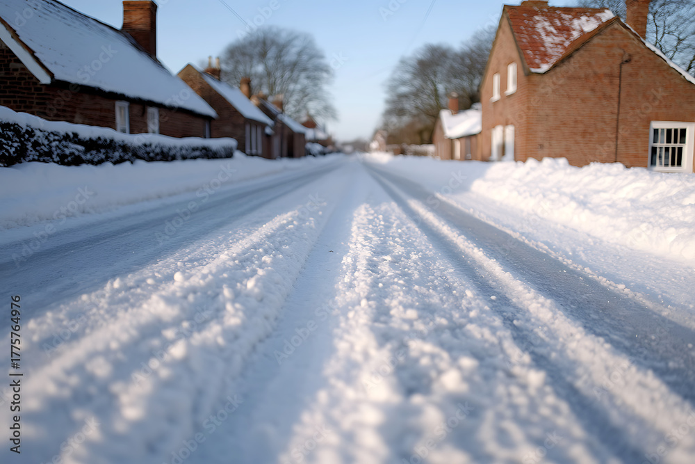 Obraz premium Winter's embrace transforms a quaint village street into a snowy landscape. Brick houses are draped in white, tire tracks carve paths through the pristine snow.