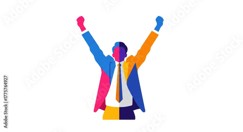 Colorful businessman with arms raised isolated on white background, celebrating success