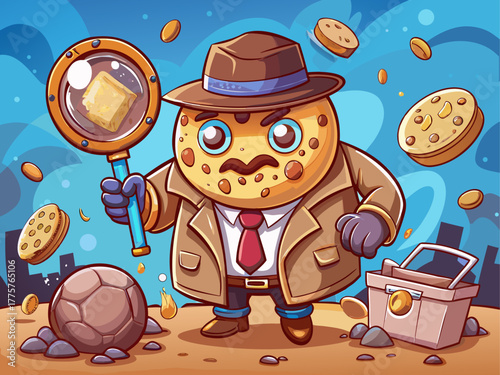 A clever cookie wearing a trench coat and magnifying glass investigates missing crumbs, surrounded by milk splashes and mystery vibes, detailed humorous vector art