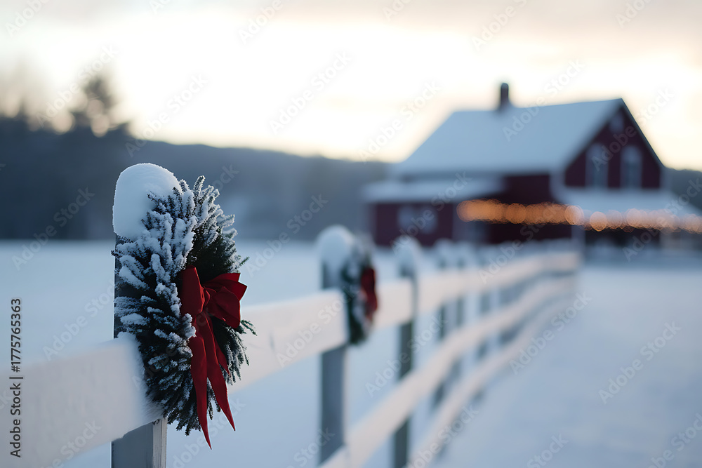 Naklejka premium A snow-covered fence adorned with wreaths featuring elegant red bows, leads towards a charming country house nestled in a serene winter landscape. A scene of holiday tranquility.