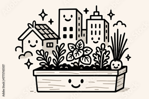 Joyful Urban Gardening. Joyful doodle vector artwork of an urban gardening scene with rooftop, planter box, herbs, and city