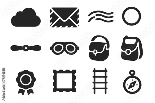Vintage Air Mail Icons. Solid style icons of Vintage Air Mail: Cloud, Air Mail Envelope, Postmark, Propeller, Pilot Goggles,