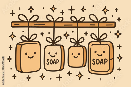 Joyful Soap Display. Cheerful doodle vector scene of happy cured soaps drying on a shelf, with smiling labels, cute ribbons, and