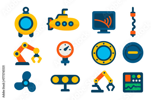 Submersible Equipment Icons. Flat vector icons of Submersible Equipment: bathysphere, submarine, sonar, tether cable, robotic arm,