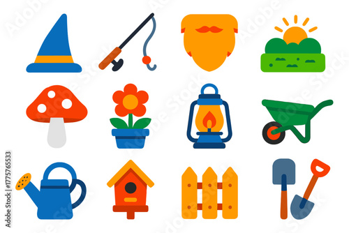 Fairy Garden Icons. Flat vector icons of Fairy Garden: pointy hat, fishing rod, beard, garden, mushroom, flower pot, lantern,