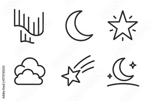 Night Sky Icons. Line style icons of atmospheric night: northern lights, crescent moon, glowing star, clouded sky, falling star,