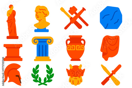 Greek Sculpture Icons. Flat vector icons of Greek Sculpture Motifs: statue, bust, chisel, marble, pedestal, column, amphora,