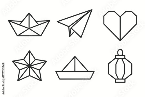 Origami Line Icons. Line style icons of origami objects: boat, airplane, heart, star box, hat, lantern. No text, No labels,
