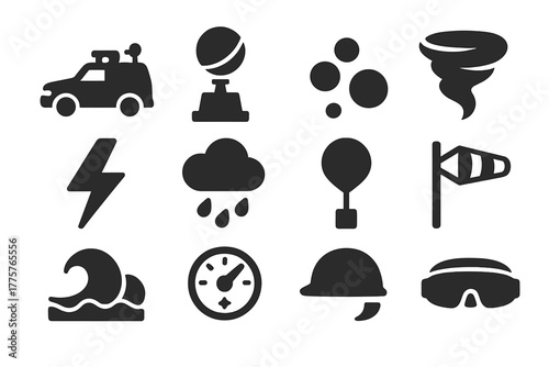 Extreme Weather Icons. Solid style icons of Extreme Weather: Storm Chaser Truck, Doppler Radar, Hailstone, Twister, Lightning Bolt