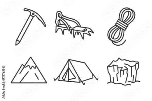 Mountain Climbing Icons. Line style icons of mountain climbing: ice axe, crampons, rope, snow peak, tent, glacier. No text, No