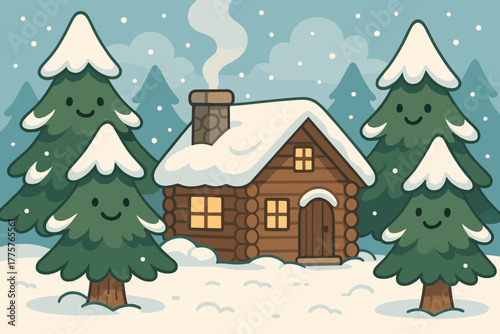 Smiling Pine Forest. Friendly pine trees around the cabin, each with smiling faces and snow-tipped branches