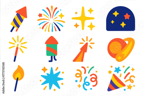 Colorful Fireworks Icons. Flat vector icons of Party Fireworks: rocket, burst, sparkle, night sky, sparkler, aerial shell, flare,
