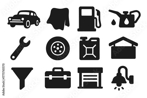 Retro Petrol Icons. Solid style icons of Retro Petrol Stop: Classic Car, Rag, Petrol Pump, Oil Can, Wrench, Tire, Gas Can,