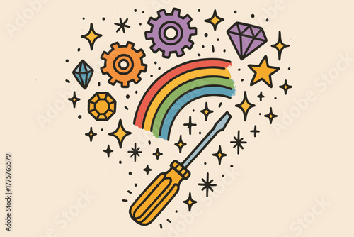 Rainbow Gear Projection. Magical doodle vector design of a screwdriver projecting rainbow doodle gears, jewels, and stars into the