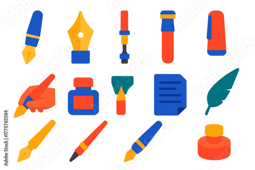 Elegant Writing Tools Icons. Flat vector icons of Elegant Writing Tools: fountain pen, nib, ink converter, cap, writing, ink