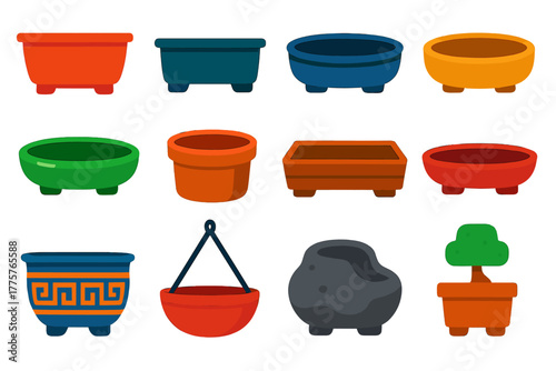 Bonsai Pot Icons. Flat vector icons of Bonsai Pots: ceramic pot, rectangular pot, oval pot, round pot, glazed pot, clay pot,