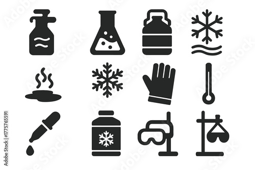 Freezing Science Icons. Solid style icons of Freezing Science: Liquid Nitrogen, Lab Flask, Storage Dewar, Frost, Cold Vapor, Ice