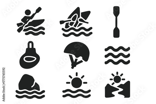 Extreme Kayak Adventure. Solid style icons of Extreme Sports: Whitewater, Kayak, Rapids, Paddle, Spray Skirt, Helmet, Waves, Rock,
