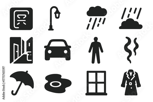 Neon Urban Nightscape. Solid style icons of Urban Nightscape: Neon Sign, Streetlight, Rain, Reflection, Alley, Car, Shadow, Smoke,