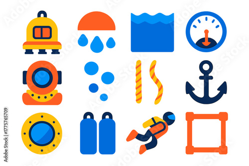 Underwater Exploration Icons. Flat vector icons of Underwater Exploration: diving bell, air pocket, ocean, pressure, helmet,