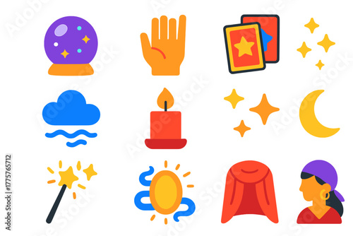 Psychic Tools Icons. Flat vector icons of Psychic Tools: crystal ball, hand, tarot cards, mist, candle, stars, moon, smoke,