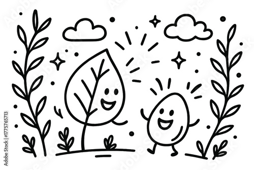 Leaf and Seed Chat. Playful doodle vector scene of a leaf and seed chatting joyfully, while doodle branches, clouds, and sparkly