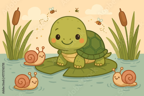Turtle on Lily Pad. Cute turtle on a lily pad, surrounded by happy snails, reeds, and tiny buzzing insects