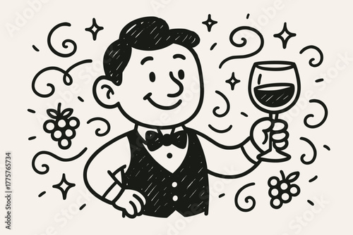 Doodle Sommelier Delight. Cute sommelier character holding a glass, tiny grapes and stars swirling around in doodle style
