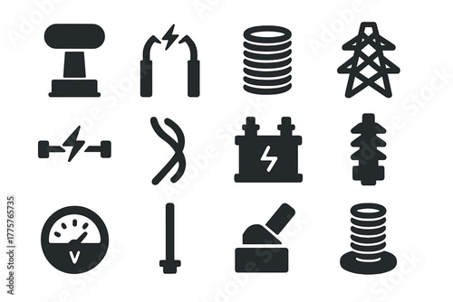 Energy Transmission Icons. Solid style icons of Energy Transmission: Tesla Coil, Electrical Arc, Copper Coil, Tower, Spark Gap,