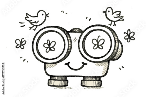 Grinning Binoculars Scene. Friendly binoculars with a grin, little doodle birds and butterflies flying around the lenses