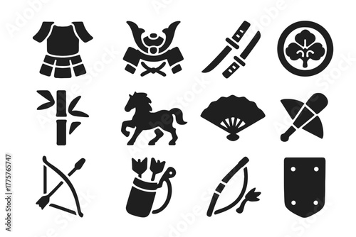 Samurai Icons Collection. Solid style icons of Samurai Life: Armor, Kabuto Helmet, Katana, Wakizashi, Mon Crest, Bamboo, Horse,