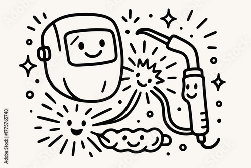 Joyful Welding Workshop. Joyful doodle vector artwork of a welding workshop scene with mask, spark, torch, and weld bead all