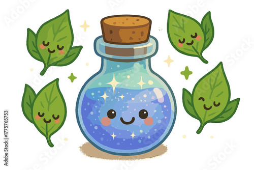 Sparkling Potion Delight. Happy vial with a sparkling potion inside, surrounded by floating smiling herb leaves