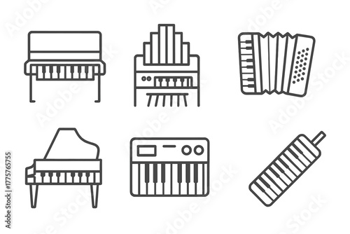 Keyboard Instrument Icons. Line style icons of keyboard instruments: piano, organ, accordion, harpsichord, synthesizer, melodica.