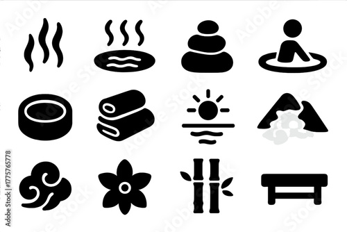 Hot Springs Icons. Solid style icons of Hot Springs: Steam, Water, Rocks, Relaxation, Pool, Towels, Sun, Mountain, Mist, Flower,