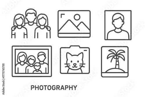 Photography Icon Moments. Line style icons of photography moments: friends posing, landscape photo, portrait shot, family picture,